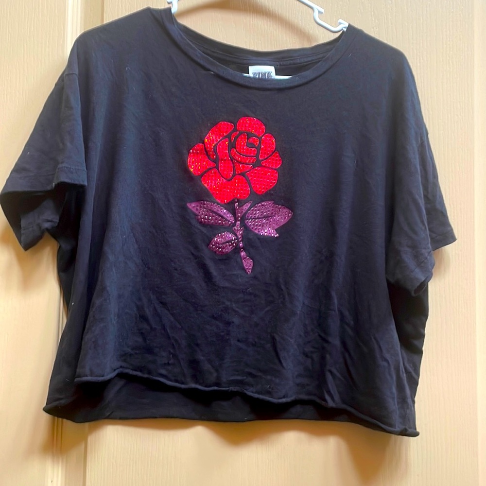 Pink, black crop top with rose